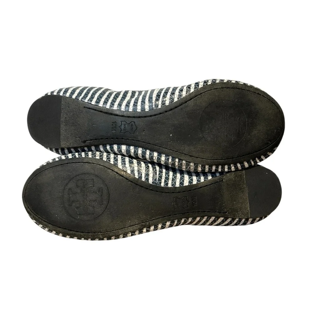 TORY BURCH Caroline Leather Ballet Flats sz 10 Snake Embossed Navy/ White Stripe